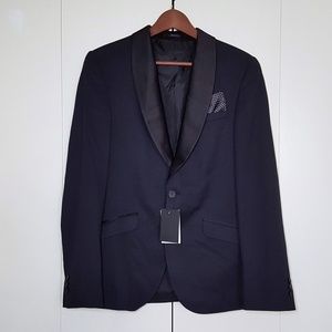 Navy blue tuxedo jacket pocket handkerchief silky